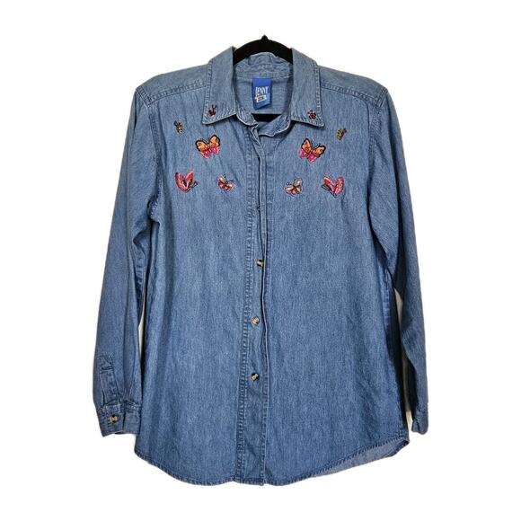 Vtg Embroidered Butterfly Denim Shirt Womens L Blue Fairycore Boho Cottage Y2K - Picture 1 of 8